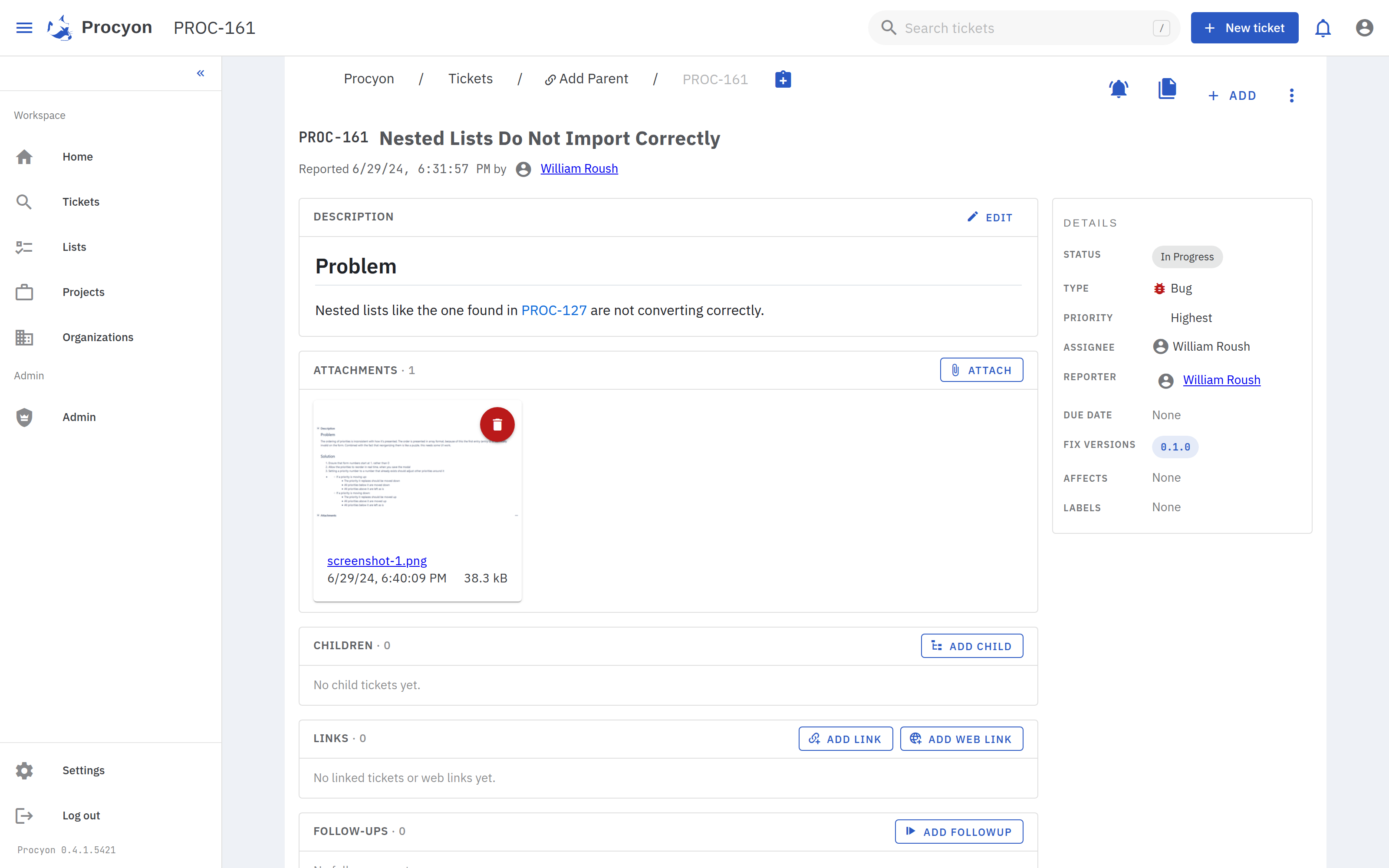 A Procyon ticket page showing description, attachments, children, links, and a details rail with status, priority, and fix versions
