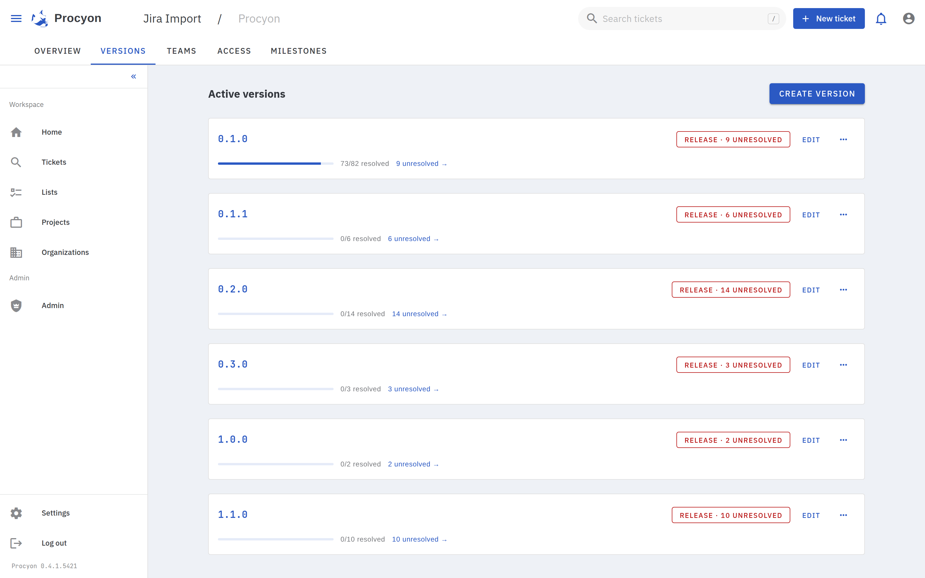 Procyon active versions page showing per-version resolved progress bars and release buttons with unresolved counts